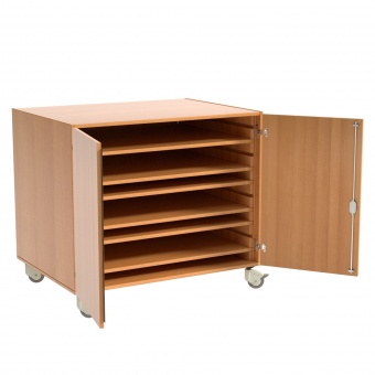 Papierschrank,  90 cm hoch, 111x81 cm (B/T), 6 Böden, 2 Türen, fahrbar 